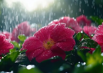 Close-Up of Vibrant Pink Flowers in a Lush Garden During a Rain Shower with Sunlight Breaking Through the Clouds