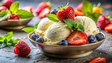 Poster - A close-up of a scoop of creamy homemade ice cream with fresh fruit toppings, delicious, homemade, ice cream, dessert, sweet