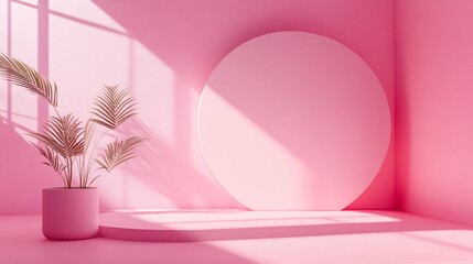 Wall Mural - Minimal pink studio interior with plant, sunlight and blank round wall for product presentation