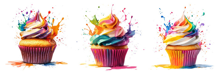 Cupcake set isolated on transparent background with colorful icing and sprinkles delicious and sweet