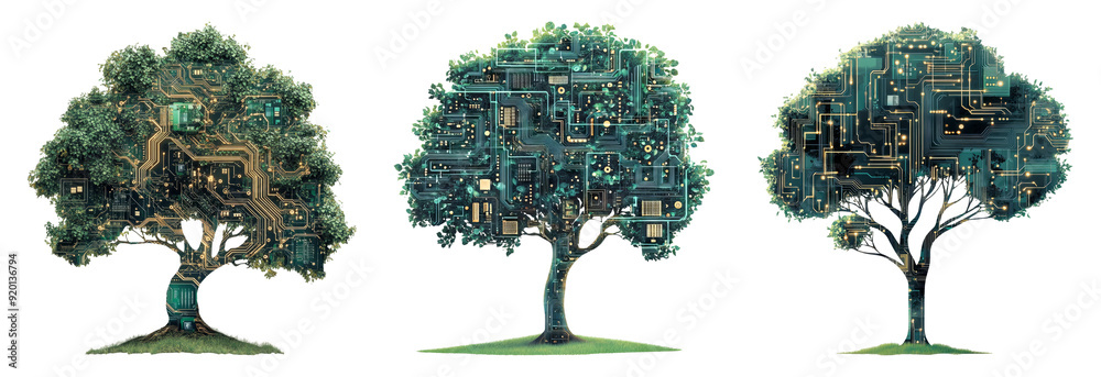 Digital trees set isolated on transparent background with electronic ...