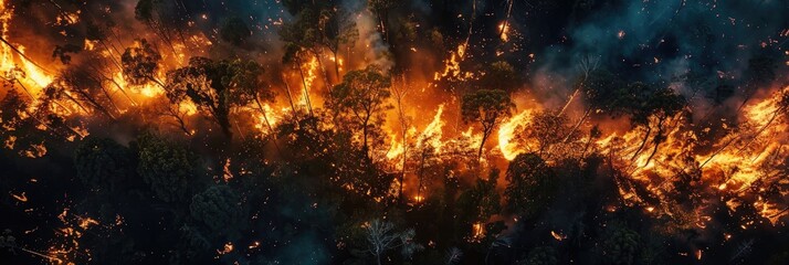 Canvas Print - Aerial Perspective of Flames from a Large Forest Fire at Night, Capturing a Natural Wildfire with Trees and Meadows Burning During a Dry Season