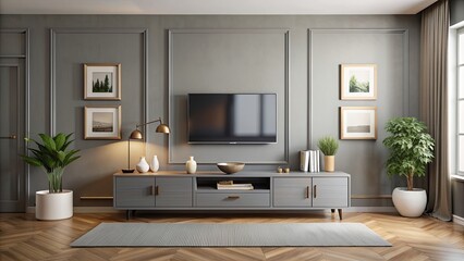 Wall Mural - Modern interior of a salon with a gray TV cabinet, decorations, and framed artwork for editing. Minimalist concept