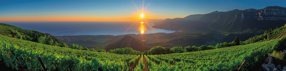 Wall Mural - Awe-inspiring sunset over lush vineyard hills with a distant view of the ocean and mountains, featuring vivid colors and expansive landscapes