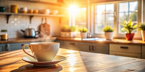 Wall Mural - Cozy coffee cup in sunlit kitchen with whimsical s, freshly brewed coffee aroma , charming, coffee cup