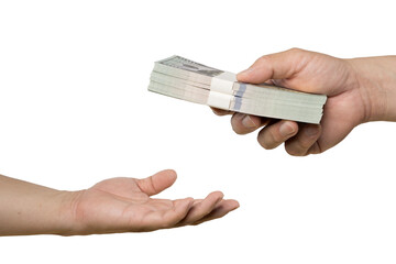 Hands giving money. A financial transaction between two parties