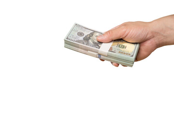 Men's hands give dollar bills in the palm on a white background.