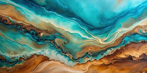 Poster - Abstract art featuring fluid blue and brown composition with shades of turquoise and sand , abstract, art, fluid, blue