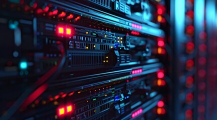 Poster - A closeup view of server racks displaying vibrant and colorful LED indicators inside a modern data center design