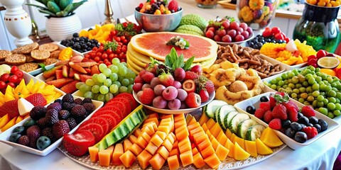 Poster - A colorful and abundant fruit buffet spread on a table , fresh, assortment, variety, healthy, organic, delicious, ripe