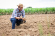 © kamonrat - Farmer Inspecting Soil Quality on Barren Farmland, Assessing Agricultural Conditions and Preparing for Future Cultivation in Rural Environment Under a Cloudy Sky