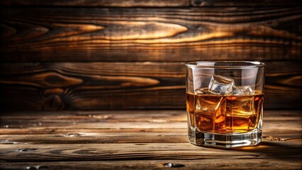 Poster - Glass of whiskey and ice on a wooden table, whiskey, drink, alcohol, beverage, ice, cold, refreshment, on the rocks, glass, liquor