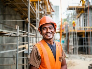 Portrait of happy worker on construction site. Construction industry. Work and workplaces.