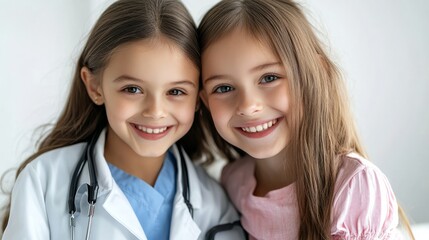 Pediatrician and a little girl are smiling and looking at camera She is her patient. on white background