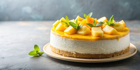 Poster - Delicious birthday cheesecake topped with fresh mango slices, cheesecake, dessert, birthday cake, celebration, sweet, tasty