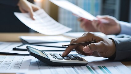 Sticker - Accountant working on desk using calculator for calculate finance report in office