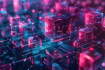 Wall Mural - abstract geometric pink and blue neon background. many futuristic cubes in space. 3D illustration