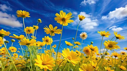 Sticker - Yellow flowers in full bloom against a stunning blue sky backdrop, yellow, flowers, bloom, blue sky, background, nature, vibrant