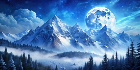 Canvas Print - Dreamy and peaceful painting of snowy mountain range under blue moon , dreamy, peaceful, painting, mountain range, snowy