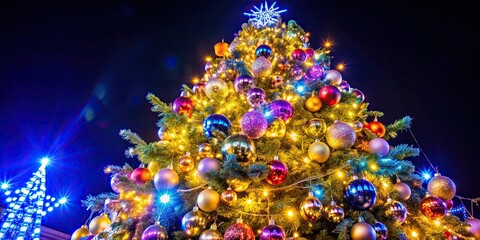 Wall Mural - Christmas tree decorations with sparkling lights, colorful baubles, and shiny garland, Christmas, tree, decorations