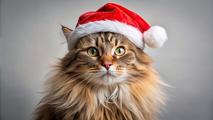 Poster - Long haired Maine cat wearing a Christmas hat, Maine Coon, cat, Christmas, hat, festive, furry, pet, holiday, cute, whiskers