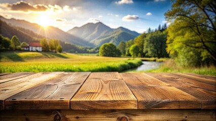 Canvas Print - Wooden desk with beautiful blurred rural landscape background, wooden desk, product display, nature, rural, landscape