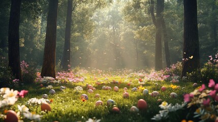 A serene forest clearing set up for an Easter egg hunt, with colorful eggs hidden among the blooming flowers and lush trees,  whimsical and festive atmosphere