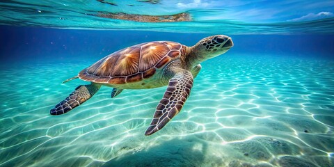 Sticker - A turtle gracefully swims in crystal clear turquoise waters, turtle, ocean, clear water, turquoise, swim