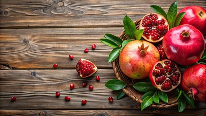 Sticker - Vibrant pomegranate fruits on a rustic wooden background, pomegranate, fruit, red, seeds, antioxidant, healthy, juicy