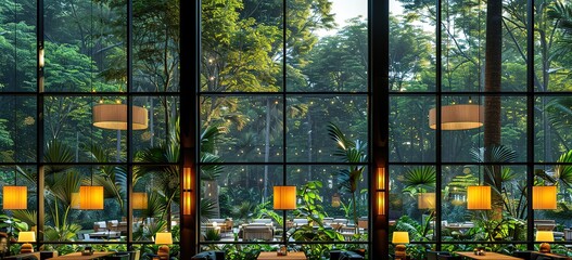 Large windows in a restaurant with a view of a lush green forest outside. The windows are framed in black and there are several lamps hanging from the ceiling.