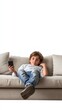© Master old - Relaxed young young Z generation lying on a sofa with a mobile phone isolated on white background