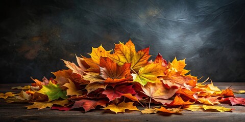 Poster - Autumn pile of colorful leaves against a dark background, autumn, leaves, foliage, vibrant, seasonal, outdoors