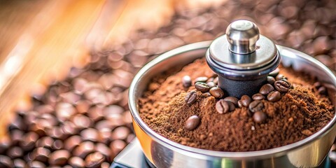 Wall Mural - Close-up of a coffee grinder with freshly ground coffee beans, coffee, grinder, beans, fresh, aromatic, morning, kitchen, appliance