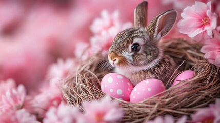 rabbit nestled in a cozy nest surrounded by colorful painted easter eggs. the scene symbolizes the j
