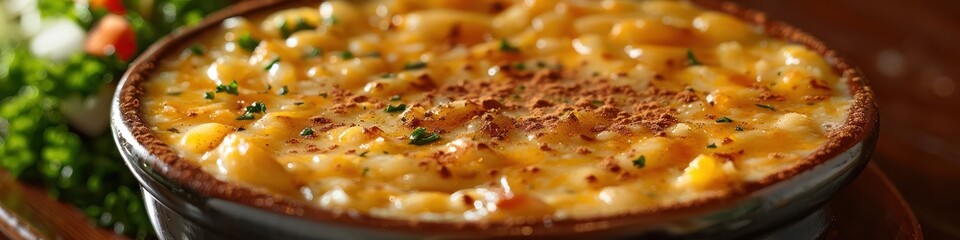 Wall Mural - Baked Three-Cheese Macaroni and Cheese in a Rustic Black Dish Next to Fresh Green Salad on a Wooden Table, Topped with Golden Breadcrumbs