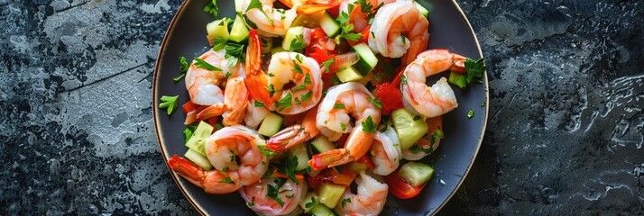 Poster - Top view of a shrimp appetizer featuring boiled vegetables and mayonnaise sauce, a simple and delightful cold dish recipe ideal for festive gatherings.