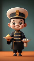 Delightful 3D character model of a waiter in a Chinese restaurant, holding pastries and tea, set in an Asian street environment. This charming design captures the essence of hospitality and culinary c