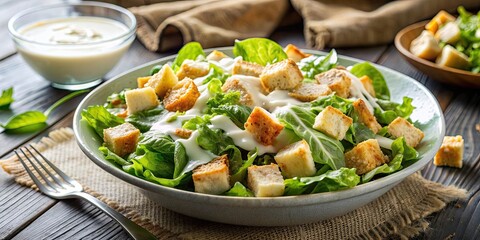 Wall Mural - Fresh classic Caesar salad with romaine lettuce, croutons, Parmesan cheese and Caesar dressing , salad, caesar, romaine