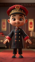 Delightful 3D character model of a waiter in a Chinese restaurant, holding pastries and tea, set in an Asian street environment. This charming design captures the essence of hospitality and culinary c