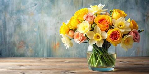 Poster - Bouquet of roses and daffodils in a vase , flowers, floral arrangement, spring, beautiful, colorful, romantic, fresh, nature