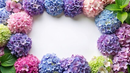 Sticker - Close up of a frame made of beautiful hydrangea flowers , hydrangea, flowers, frame, close up, pink, blue, purple