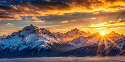 Canvas Print - Sunrise over snow-capped mountains, sunrise, mountains, snow, peak, morning, sunlight, landscape, nature, dawn, sky