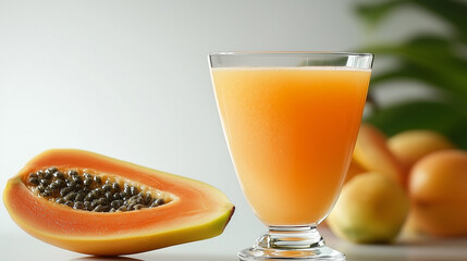 Wall Mural - Stock photo of a slice of fresh, juicy papaya artistically arranged next to a fancy glass of papaya juice, with excellent lighting and a pure white background