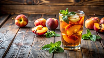 Wall Mural - A glass of peach iced tea on a rustic wooden table , Refreshing, drink, beverage, summer, cold, glass, peach, iced tea