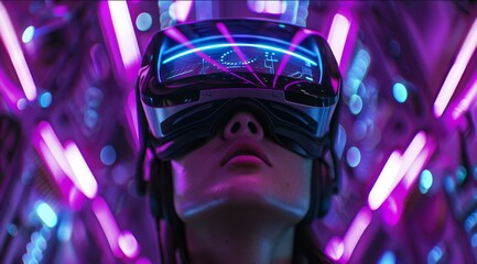 Poster - Explore the captivating world of virtual reality, where advanced technology merges with vibrant neon aesthetics, providing users limitless immersive experiences to enjoy and discover