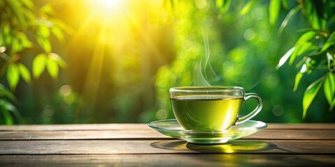 Sticker - cup of green tea illuminated by the sun on a table, green tea, cup,sunlight, table, beverage, refreshing, healthy, relaxation