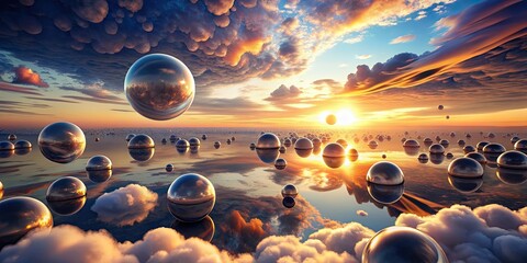 Canvas Print - Surreal sunset casting a dreamlike landscape of spheres and swirling clouds, surreal, sunset, dreamlike, landscape