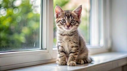 Wall Mural - Very cute kitten sitting on windowsill , kitten, cute, adorable, small, sitting, window, sill, room, fluffy, pet, domestic, feline