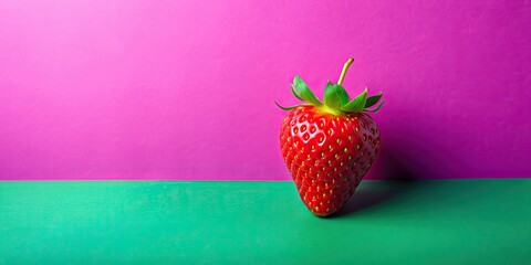 Poster - Still life painting of a vibrant strawberry resting on a pink, green, and purple background , fruits, food, art, colorful, sweet