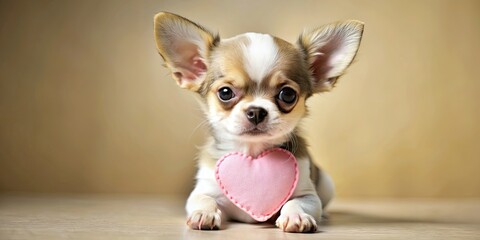 Sticker - Chihuahua puppy sitting with a pink heart on its nose, Chihuahua, puppy, cute, small, pet, adorable, heart, pink, love